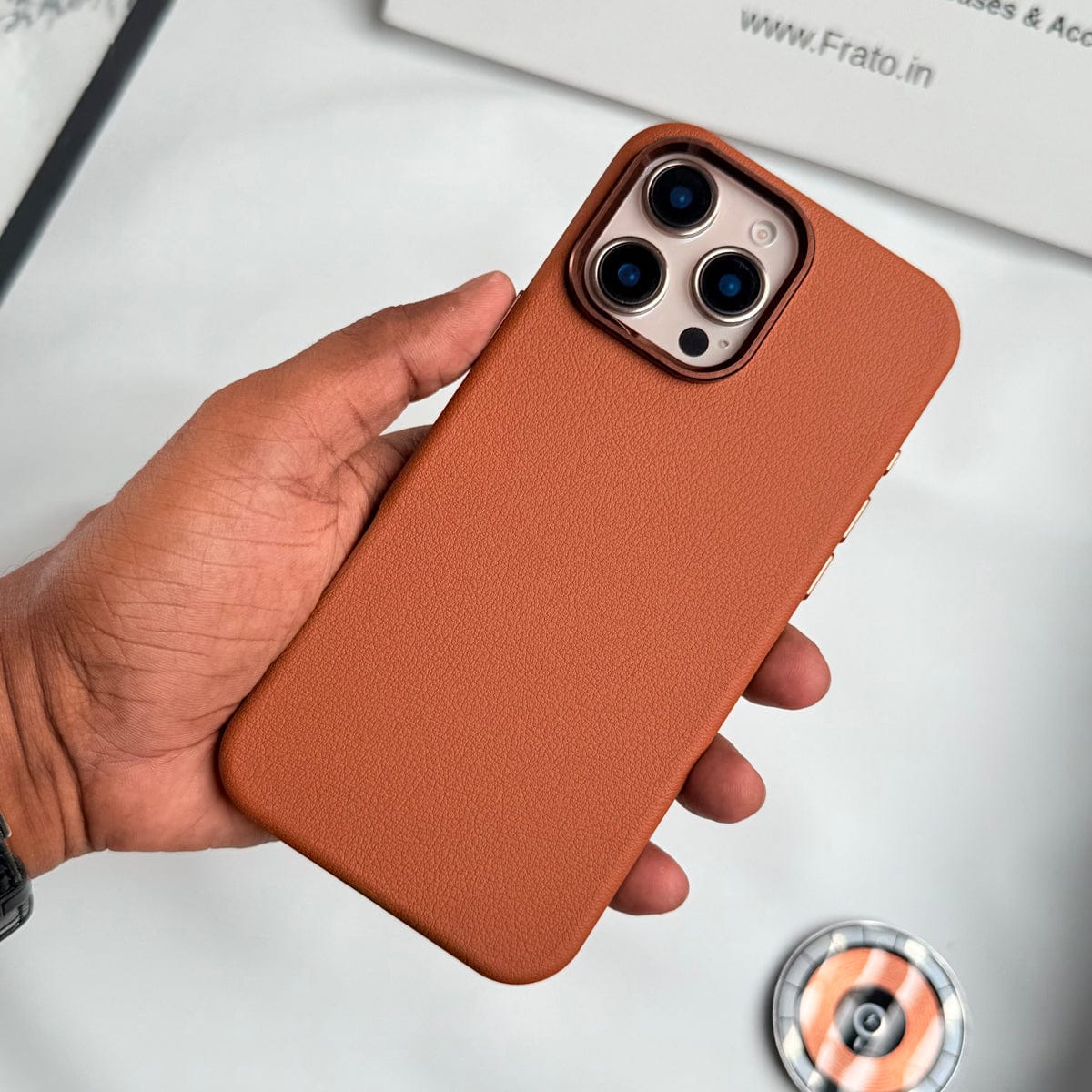 iPhone 16 Pro Max Premium Leather Texture Metal Camera Bump MagSafe Cover Brown