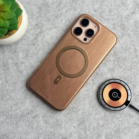 iPhone 16 Pro Max Premium PU Leather Metal MagSafe Ring Case Golden