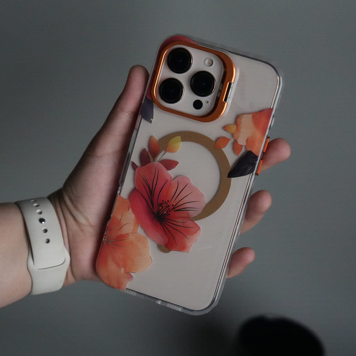 iPhone 15 Pro Max FloraCrystal Clear Floral Design Case with Color Metal Camera Stand Frame
