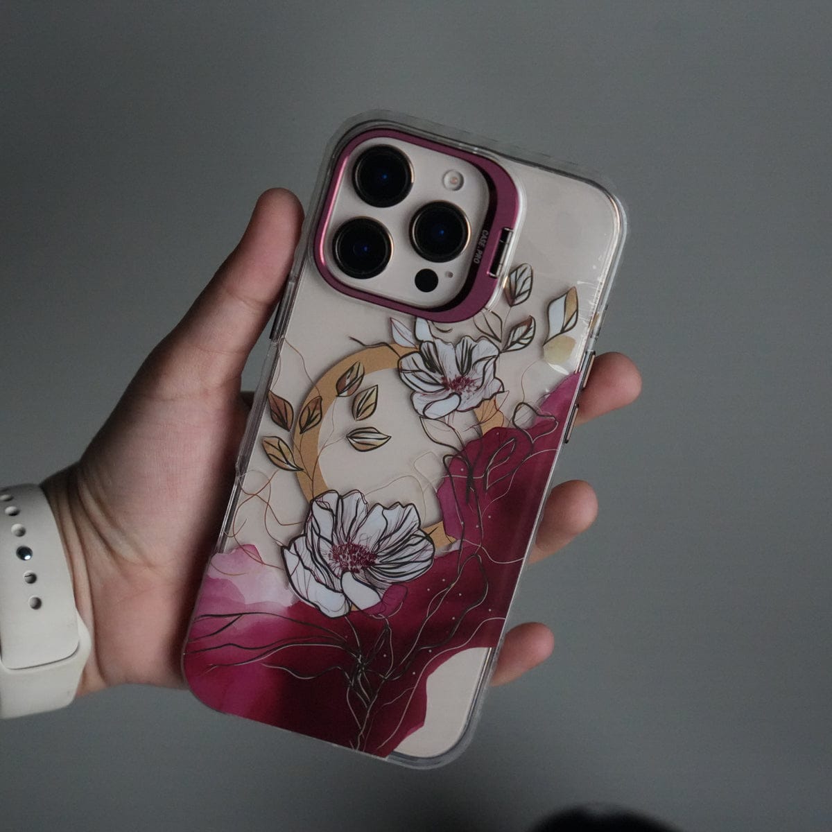 iPhone 16 Pro Max FloraCrystal Clear Floral Design Case with Color Metal Camera Stand Frame