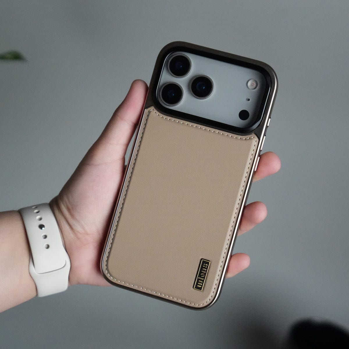 iPhone 17 Pro Max Premium Leather Back Case with Metal Kickstand And camera Bump Cover