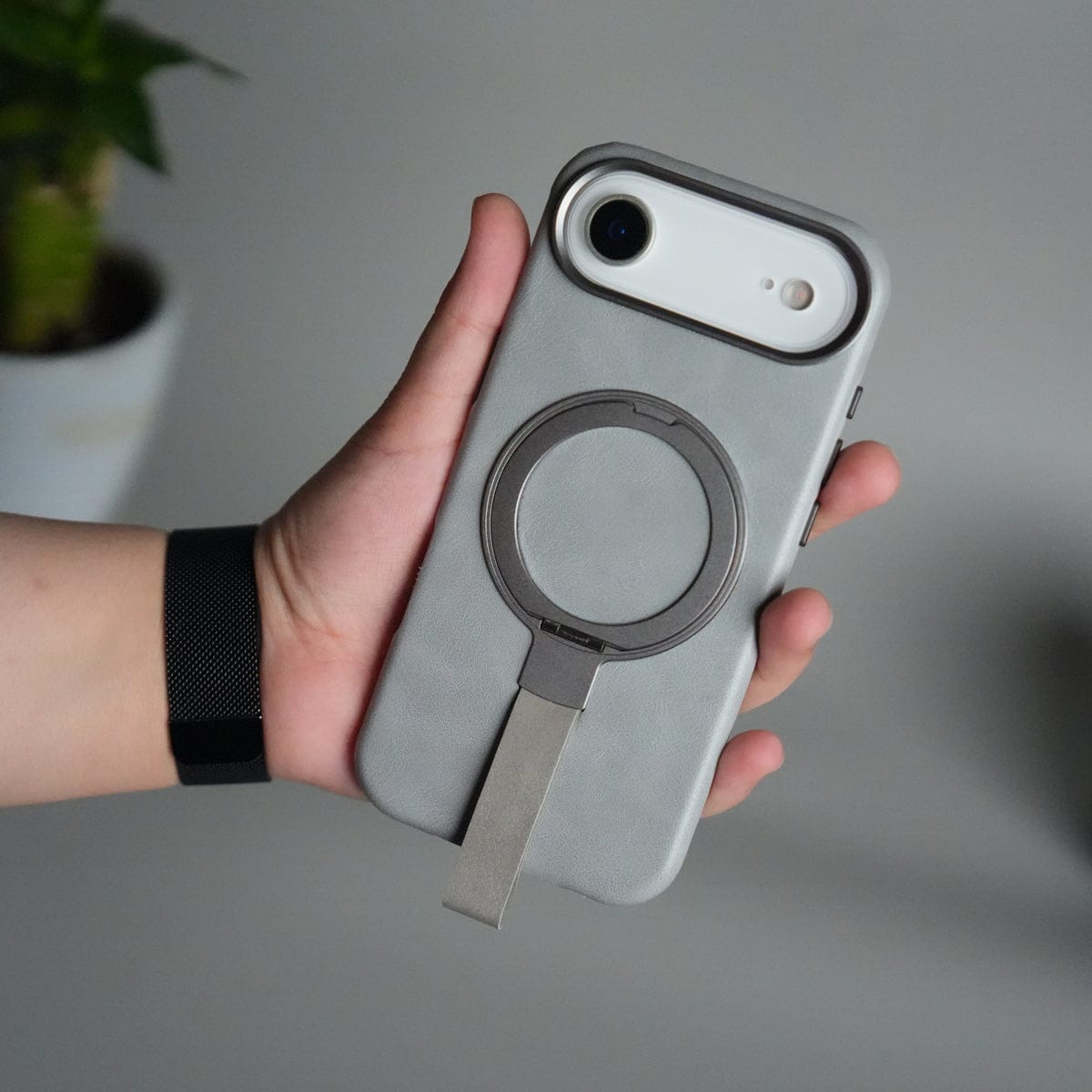 iPhone 17 Air Luxury Leather MagSafe Case | Metal Ring Stand and Grip Holder Cover