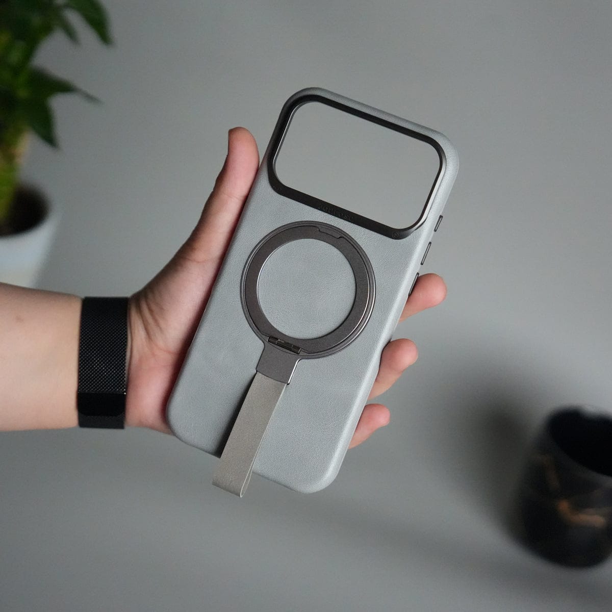 iPhone 17 Pro Luxury Leather MagSafe Case | Metal Ring Stand and Grip Holder Cover