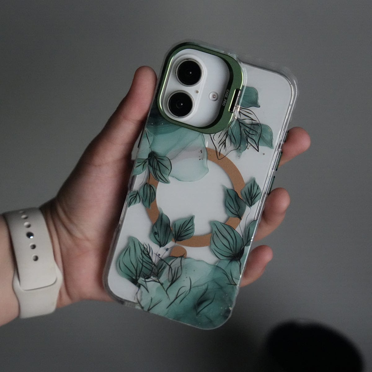iPhone 16 FloraCrystal Clear Floral Design Case with Color Metal Camera Stand Frame