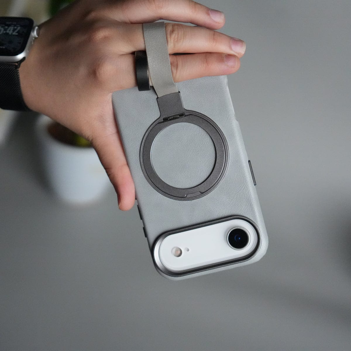 iPhone 17 Air Luxury Leather MagSafe Case | Metal Ring Stand and Grip Holder Cover