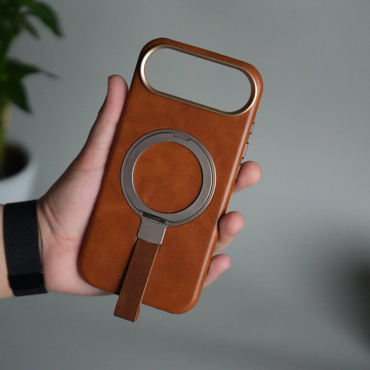 iPhone 17 Air Luxury Leather MagSafe Case | Metal Ring Stand and Grip Holder Cover
