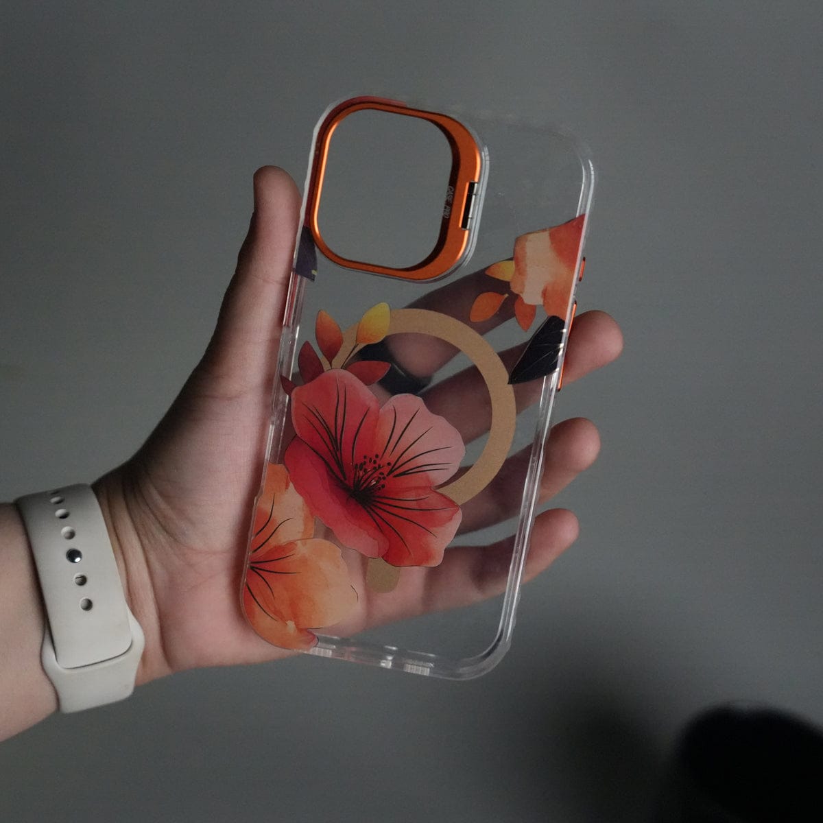 iPhone 16 FloraCrystal Clear Floral Design Case with Color Metal Camera Stand Frame