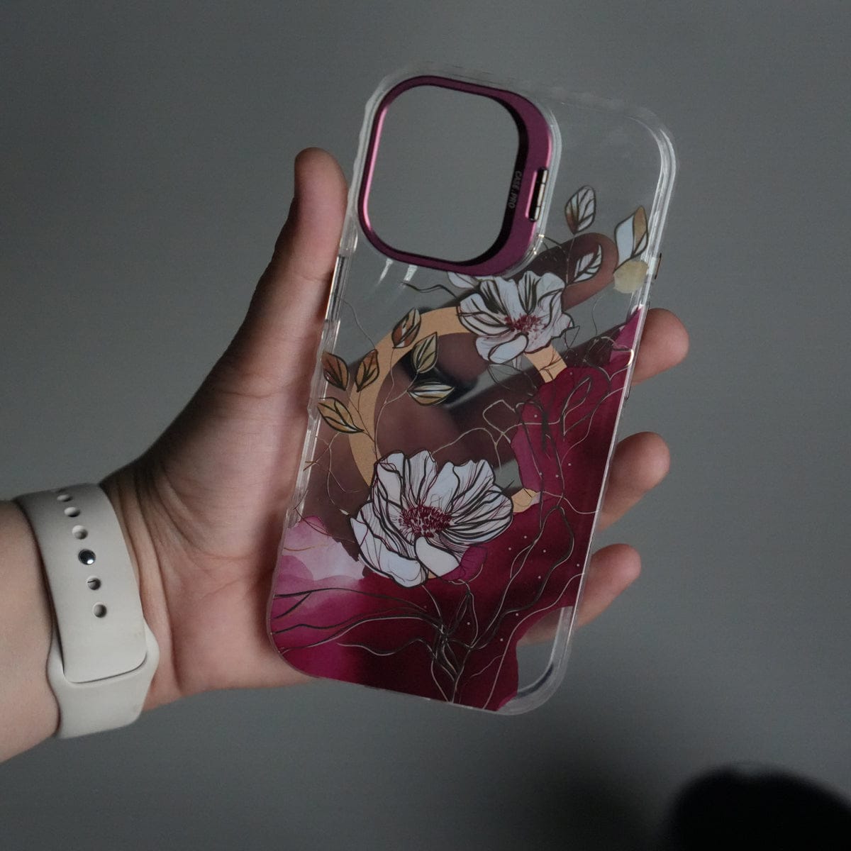 iPhone 16 FloraCrystal Clear Floral Design Case with Color Metal Camera Stand Frame