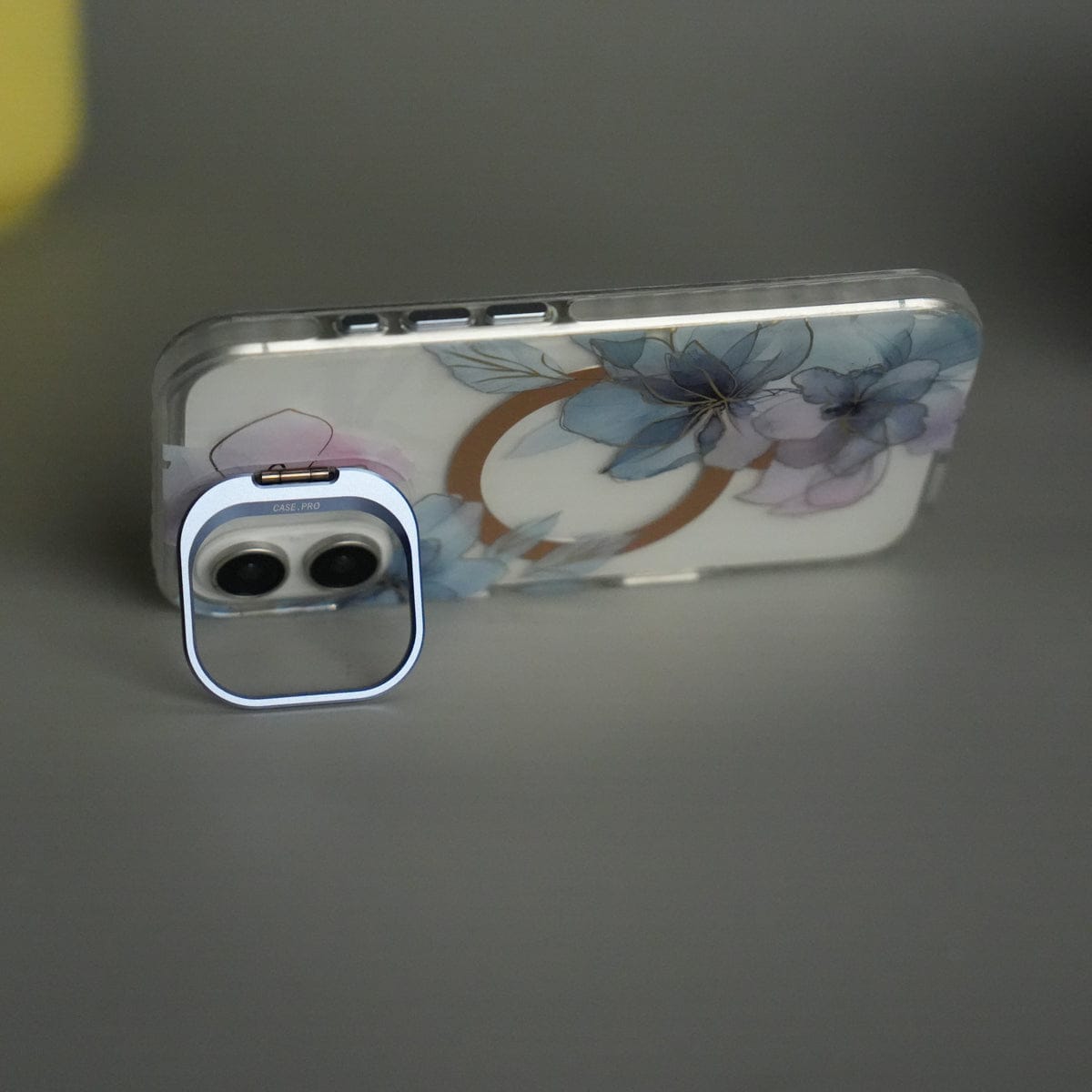 iPhone 16 FloraCrystal Clear Floral Design Case with Color Metal Camera Stand Frame