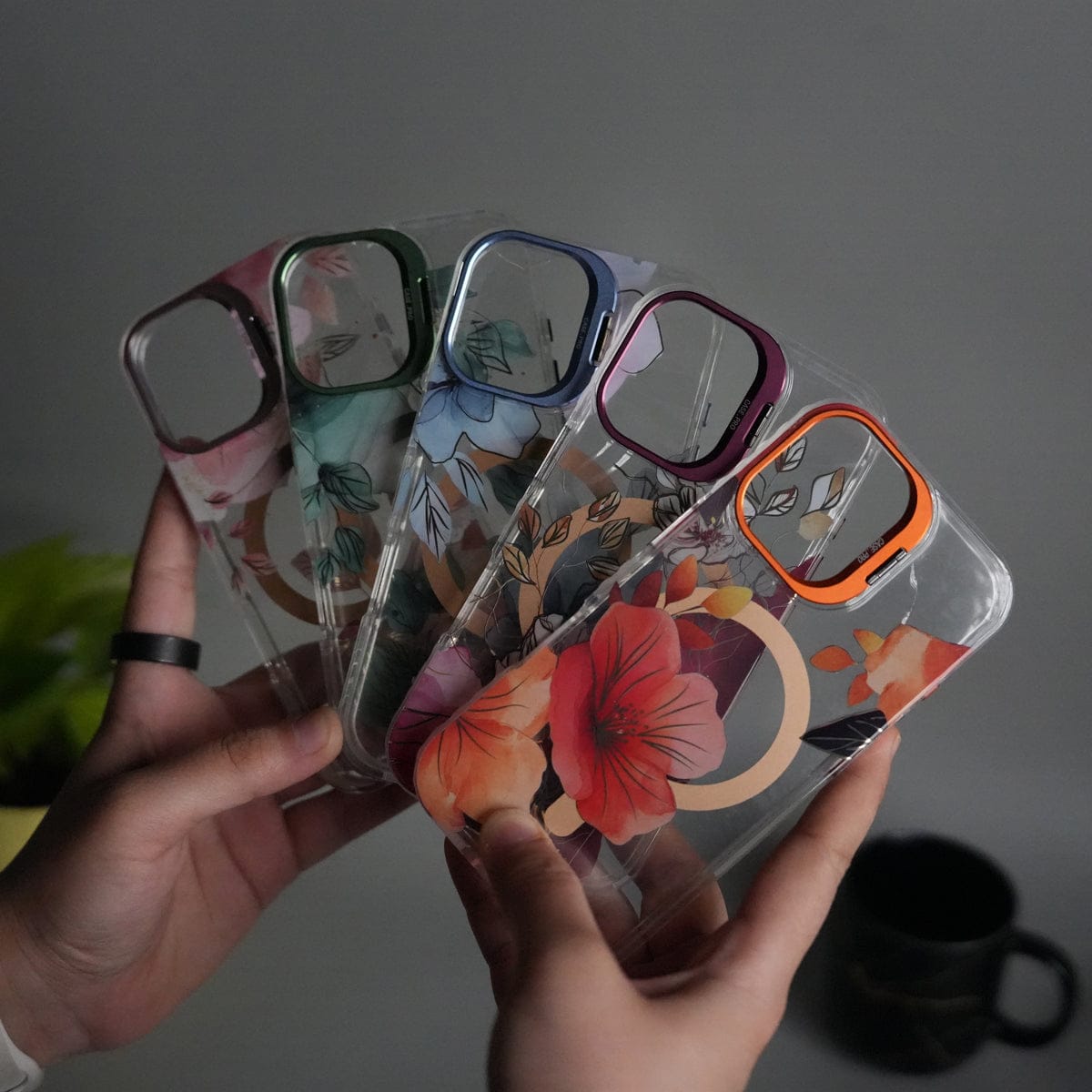 iPhone 17 FloraCrystal Clear Floral Design Case with Color Metal Camera Stand Frame