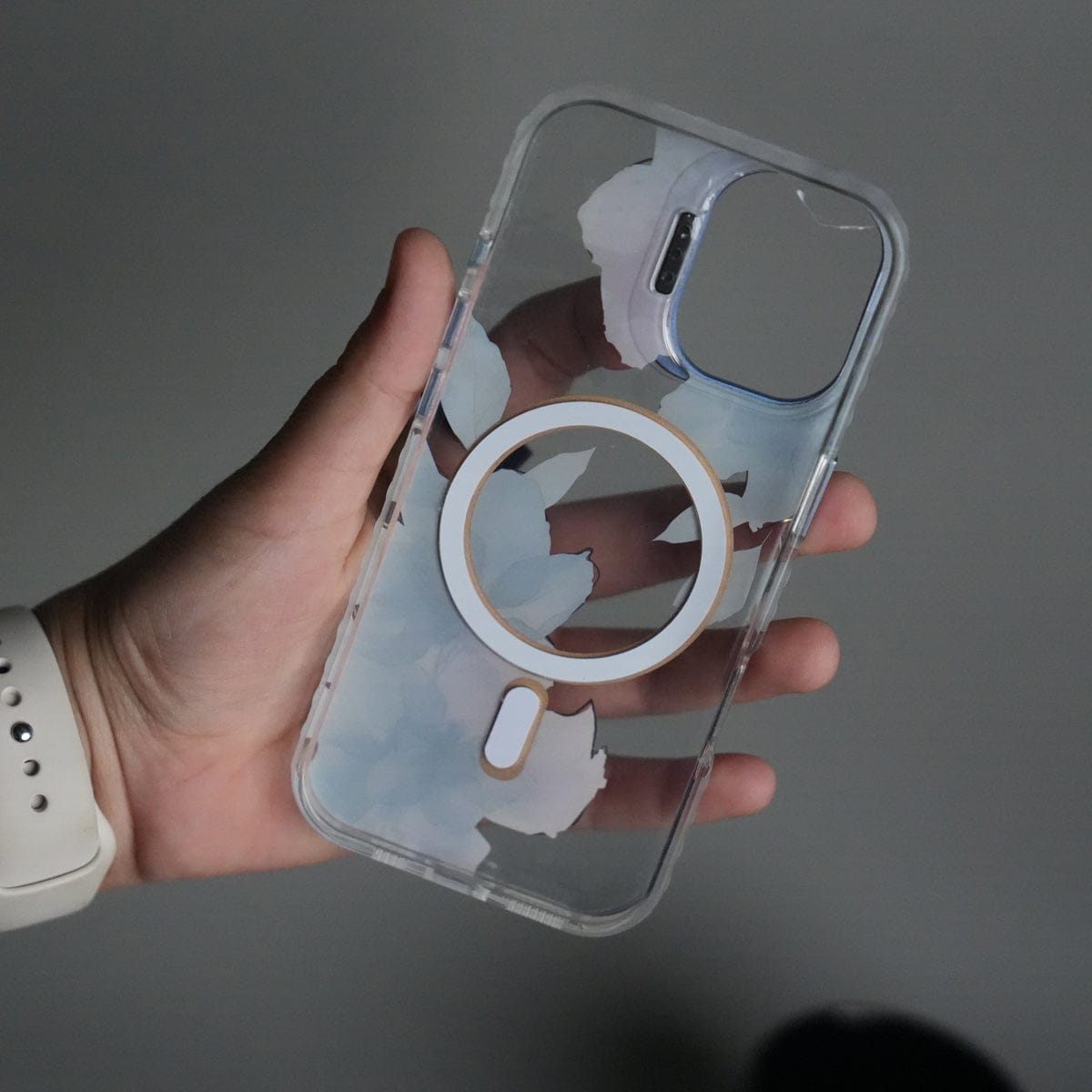 iPhone 16 FloraCrystal Clear Floral Design Case with Color Metal Camera Stand Frame