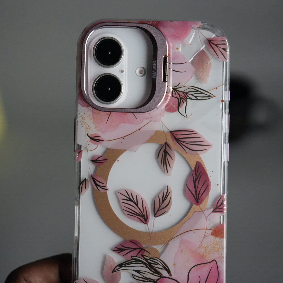 iPhone 16 FloraCrystal Clear Floral Design Case with Color Metal Camera Stand Frame
