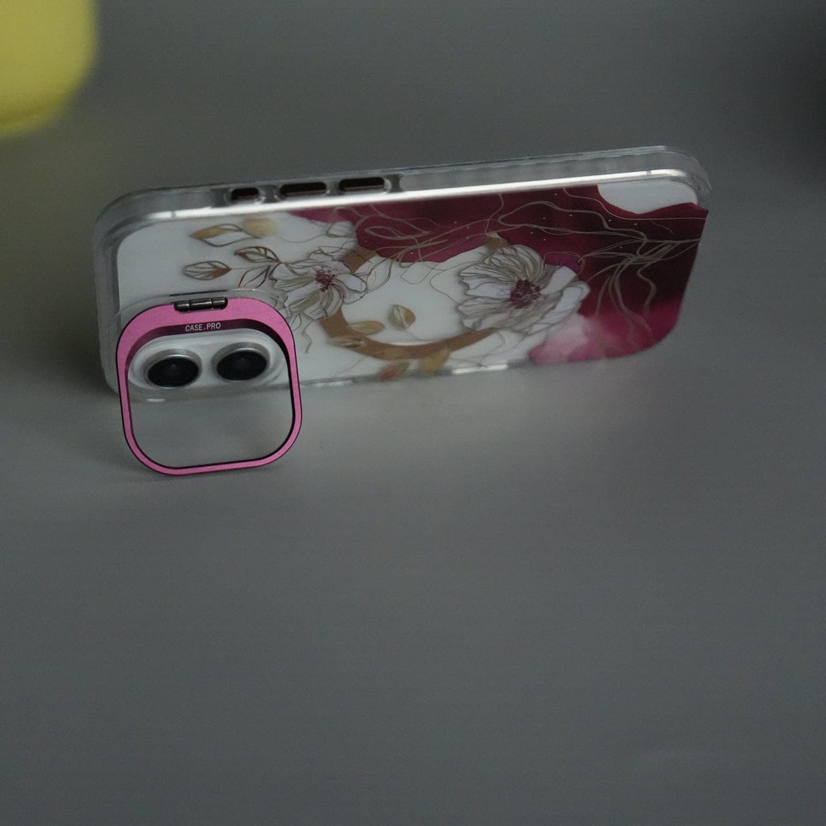 iPhone 16 FloraCrystal Clear Floral Design Case with Color Metal Camera Stand Frame