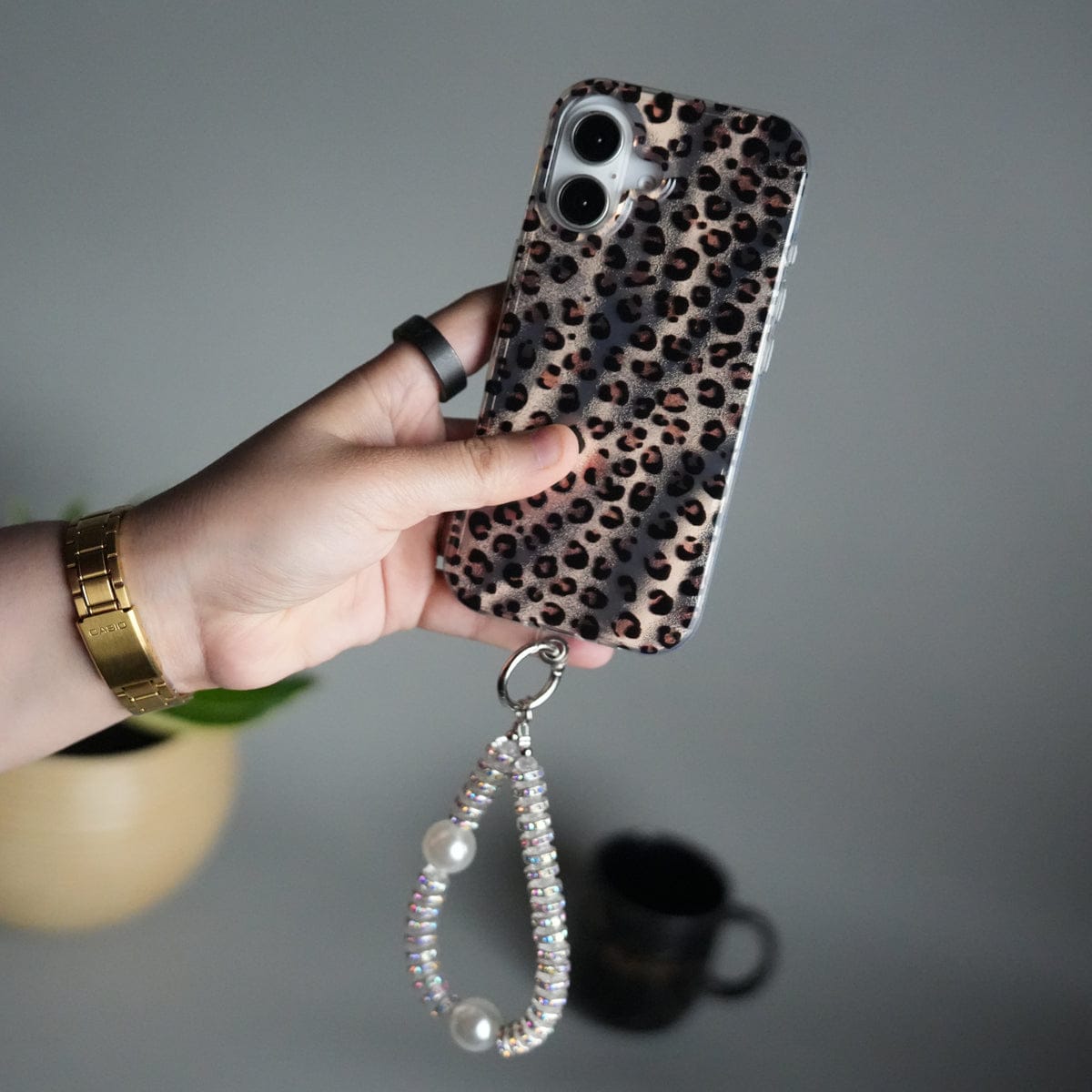 iPhone 16 Leopard Print Case with Beaded Wrist Strap | Cute Transparent Designer Cover
