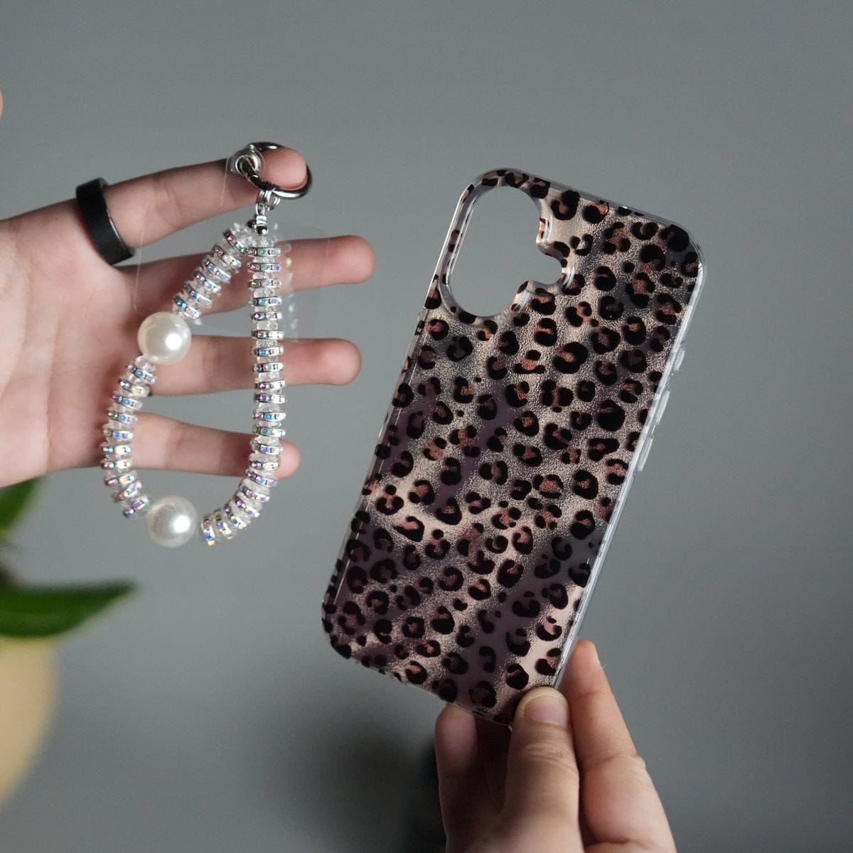 iPhone 17 Leopard Print Case with Beaded Wrist Strap | Cute Transparent Designer Cover