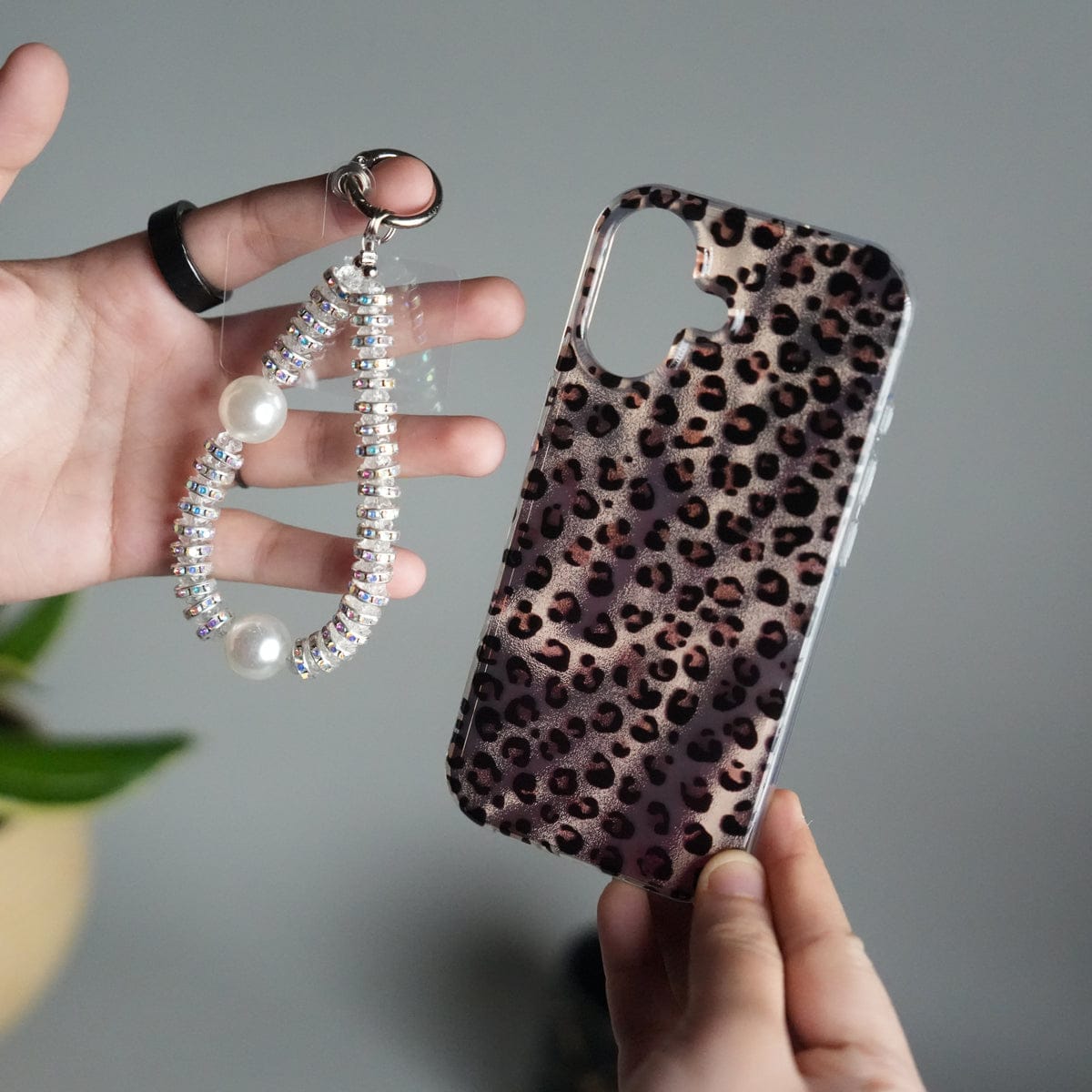 iPhone 17 Leopard Print Case with Beaded Wrist Strap | Cute Transparent Designer Cover