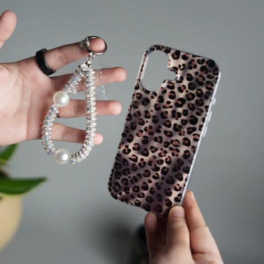 iPhone 16 Leopard Print Case with Beaded Wrist Strap | Cute Transparent Designer Cover