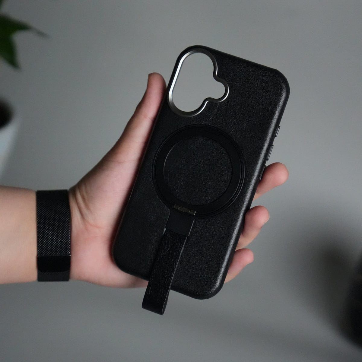 iPhone 17 Luxury Leather MagSafe Case | Metal Ring Stand and Grip Holder Cover