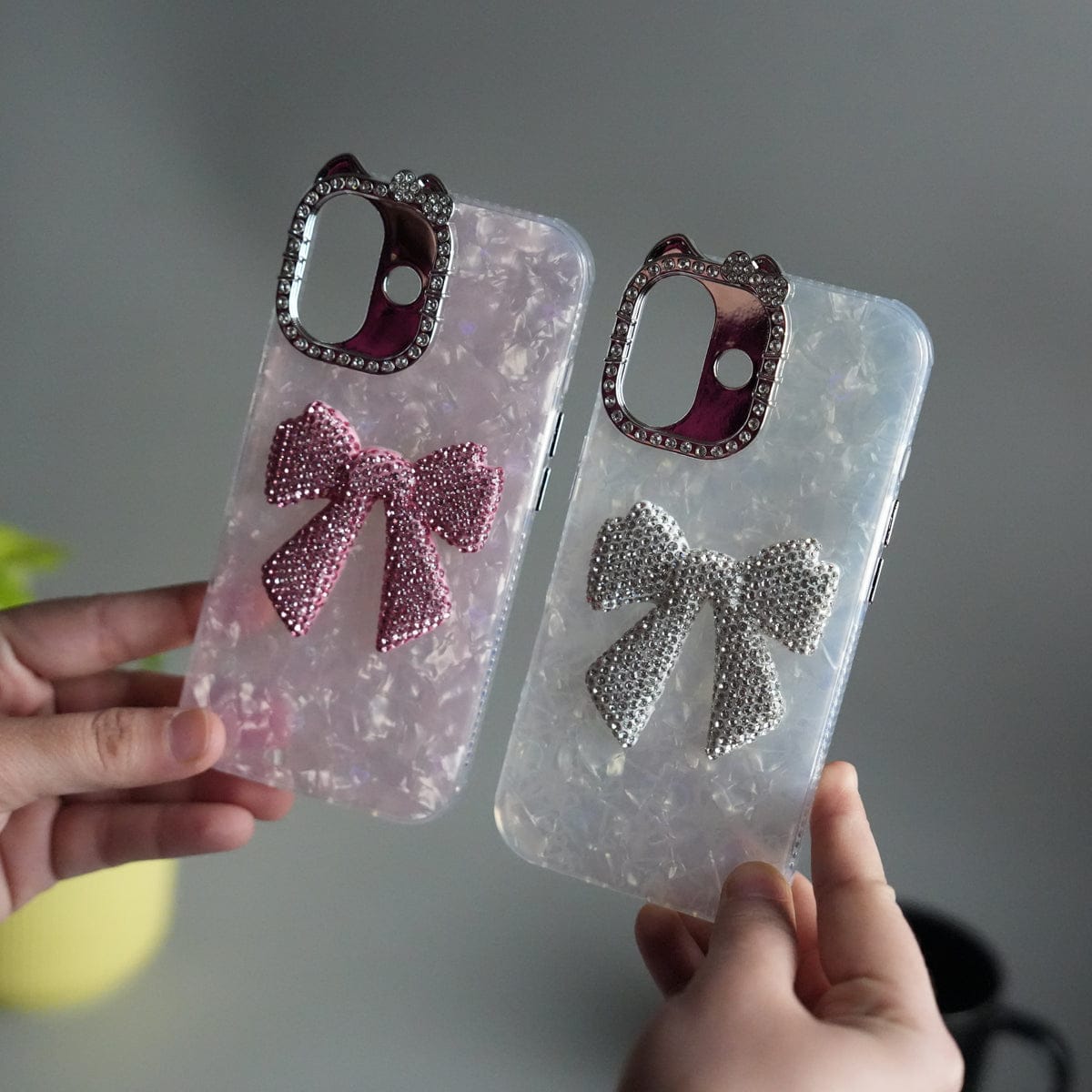 iPhone 17 Marble Design Case | Luxury Rhinestone Camera Frame & 3D Diamond Bow Cover