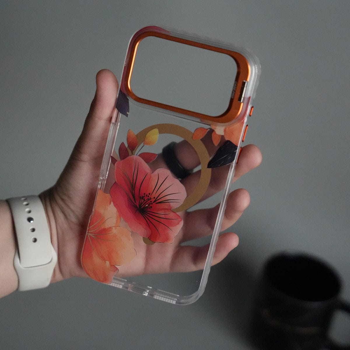 iPhone 17 Pro Max FloraCrystal Clear Floral Design Case with Color Metal Camera Stand Frame