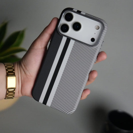 iPhone 17 Series Carbon Fiber Texture Aramid Design Hard Pc MagSafe Cover | Stripe Design