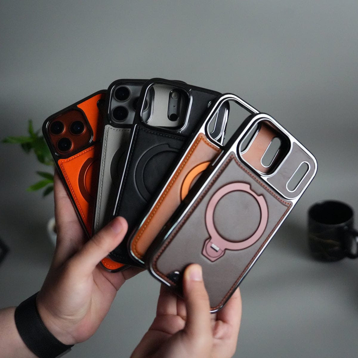iPhone 17 Pro Luxury Leather Magnetic Ring Case | Metal Kickstand Cover with Chrome Frame