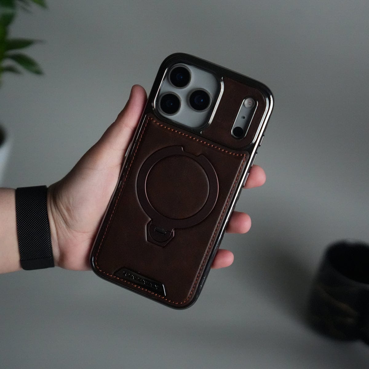 iPhone 17 Pro Luxury Leather Magnetic Ring Case | Metal Kickstand Cover with Chrome Frame