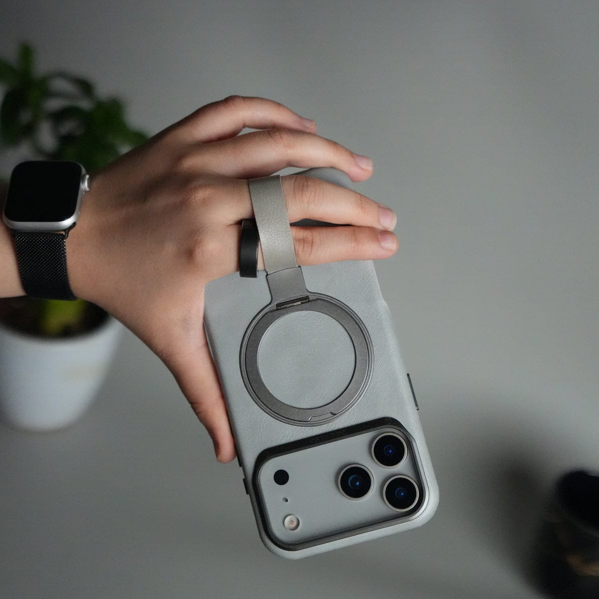iPhone 17 Pro Luxury Leather MagSafe Case | Metal Ring Stand and Grip Holder Cover