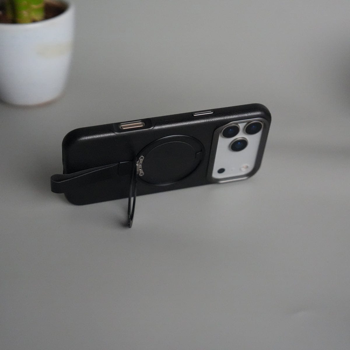 iPhone 17 Pro Luxury Leather MagSafe Case | Metal Ring Stand and Grip Holder Cover