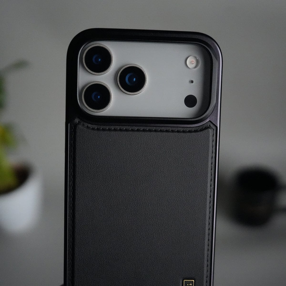 iPhone 17 Pro Premium Leather Back Case with Metal Kickstand And camera Bump Cover