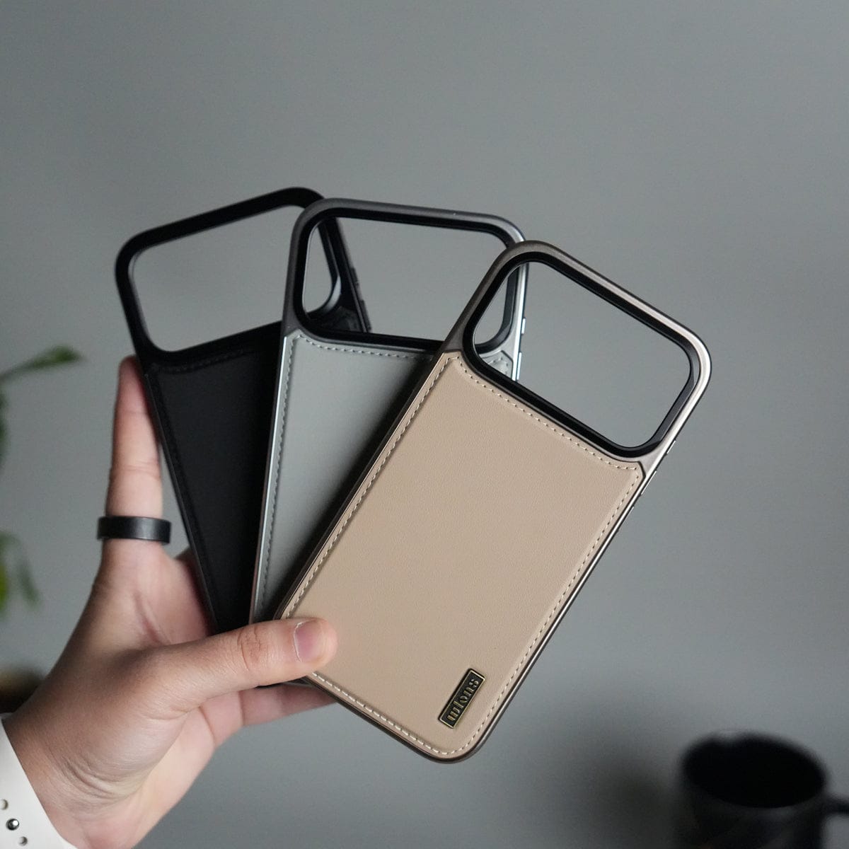 iPhone 17 Pro Max Premium Leather Back Case with Metal Kickstand And camera Bump Cover