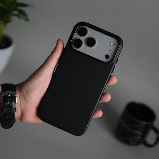 iPhone 17 Pro Premium PU Leather MagSafe Case | Metal Camera Frame Luxury Back Cover | Black