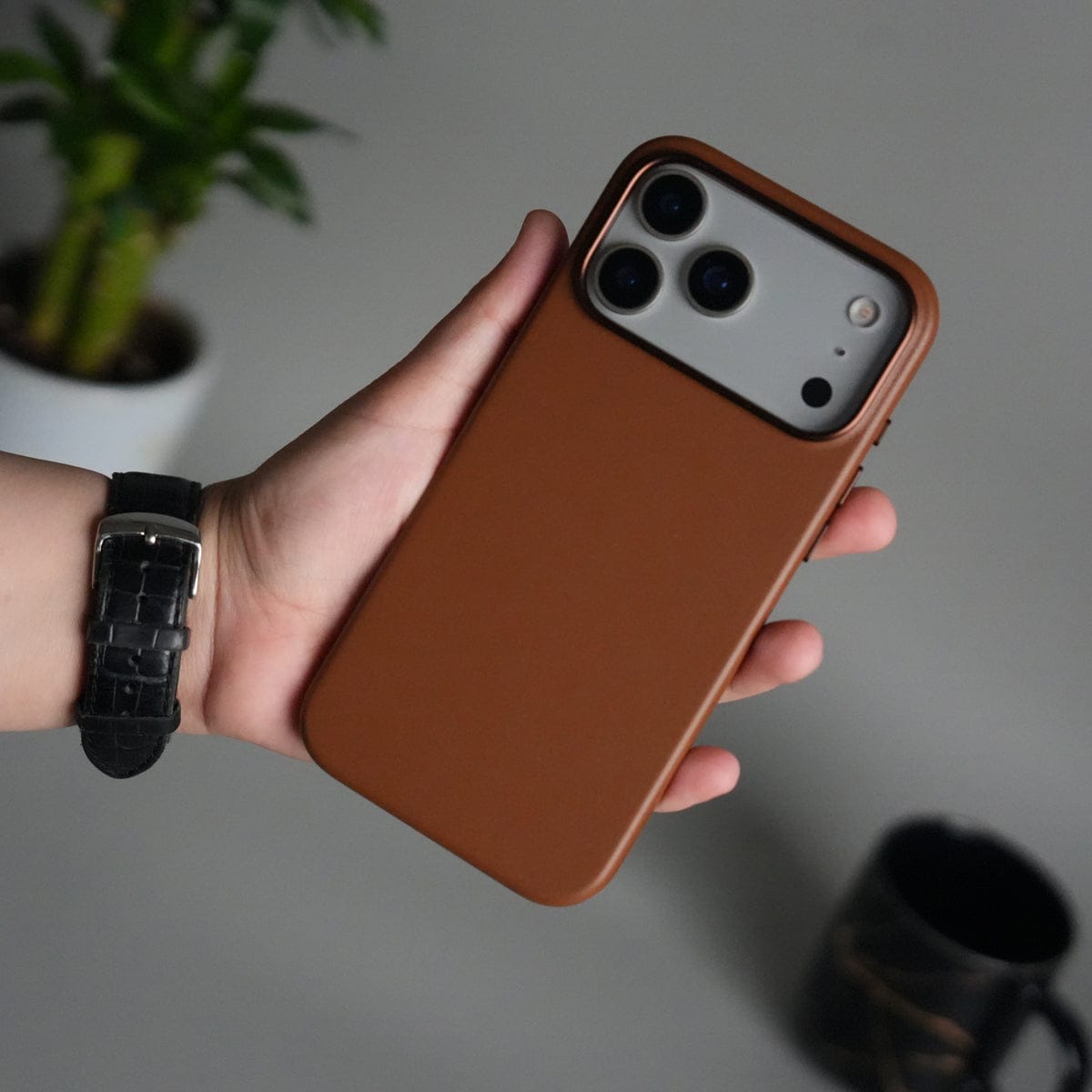 iPhone 17 Pro Premium PU Leather MagSafe Case | Metal Camera Frame Luxury Back Cover | Brown