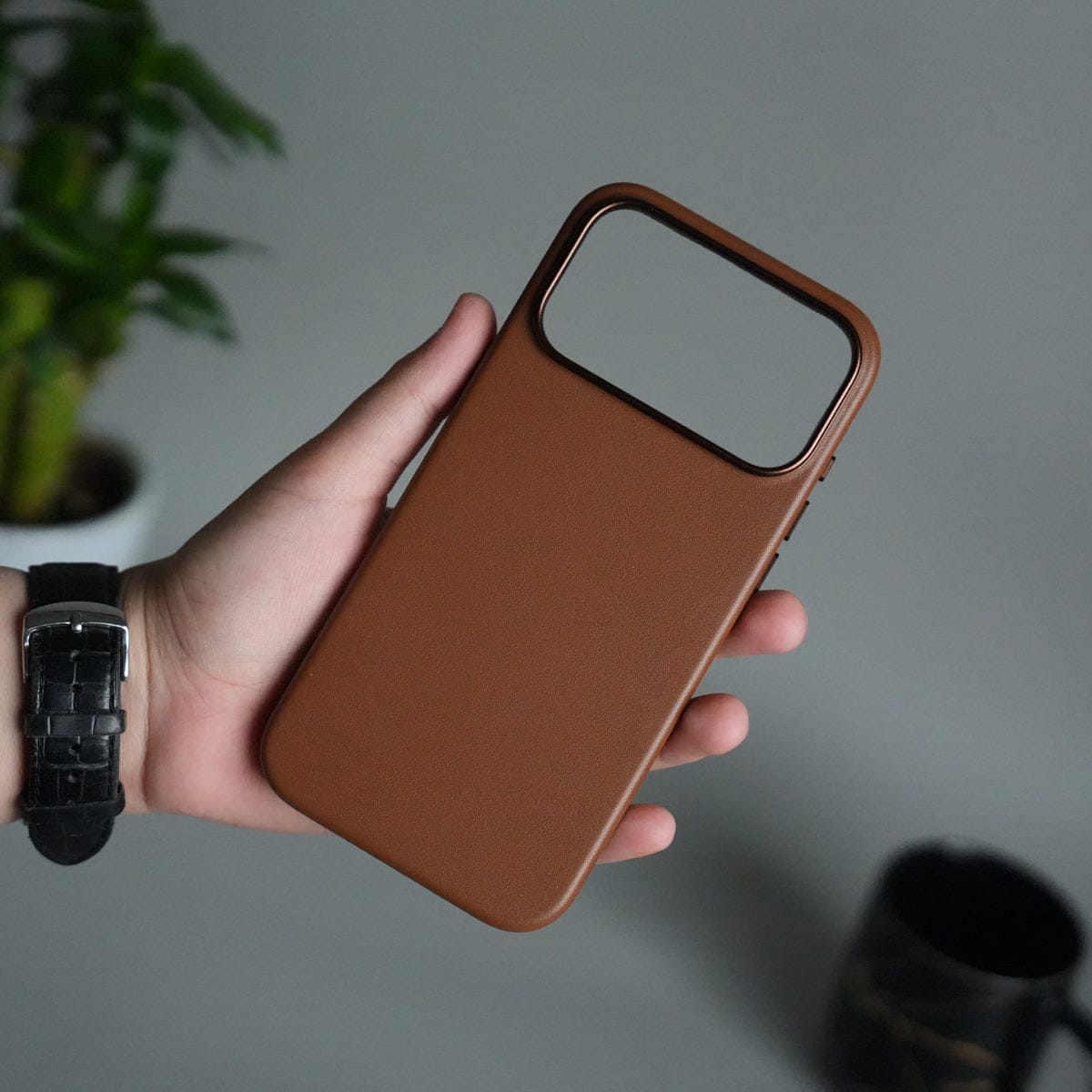 iPhone 17 Pro Premium PU Leather MagSafe Case | Metal Camera Frame Luxury Back Cover | Brown