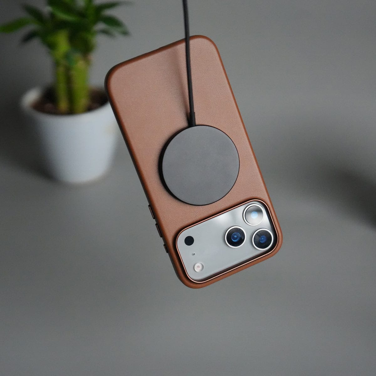 iPhone 17 Pro Premium PU Leather MagSafe Case | Metal Camera Frame Luxury Back Cover | Brown