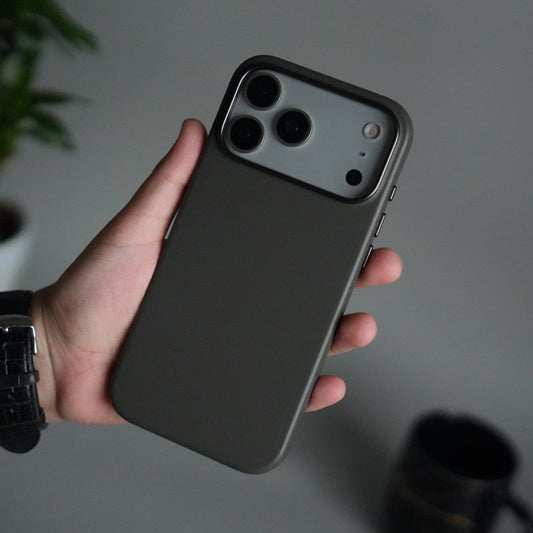 iPhone 17 Pro Max Premium PU Leather MagSafe Case | Metal Camera Frame Luxury Back Cover | Dark Gray