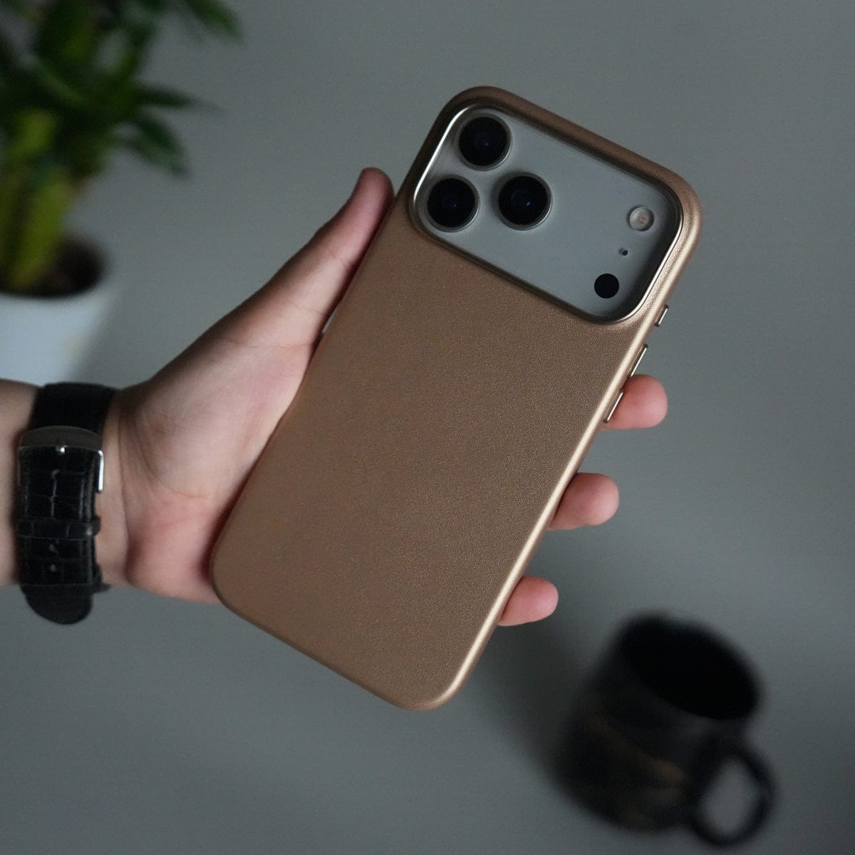 iPhone 17 Pro Premium PU Leather MagSafe Case | Metal Camera Frame Luxury Back Cover | Desert Gold