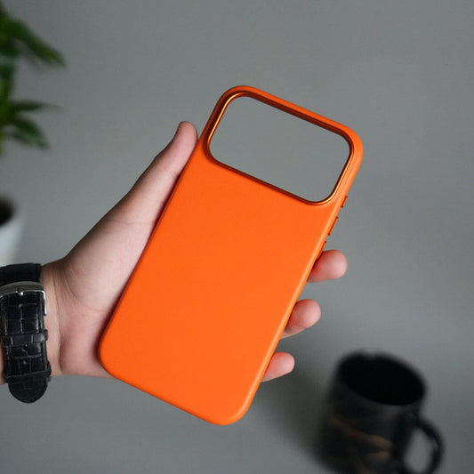 iPhone 17 Pro Premium PU Leather MagSafe Case | Metal Camera Frame Luxury Back Cover | Orange