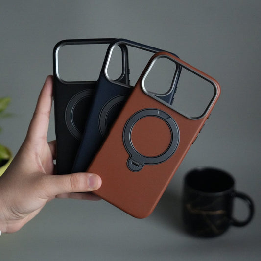 iPhone 17 Pro Max PU Leather Case with Metal Camera Frame & 360Â° Rotating Metal Stand