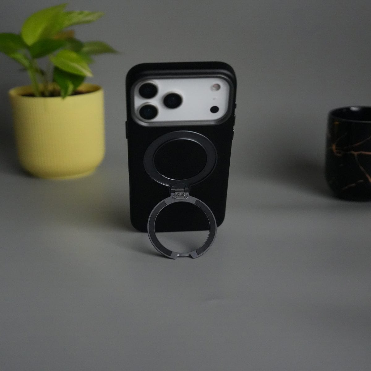 iPhone 17 Pro Max PU Leather Case with Metal Camera Frame & 360° Rotating Metal Stand