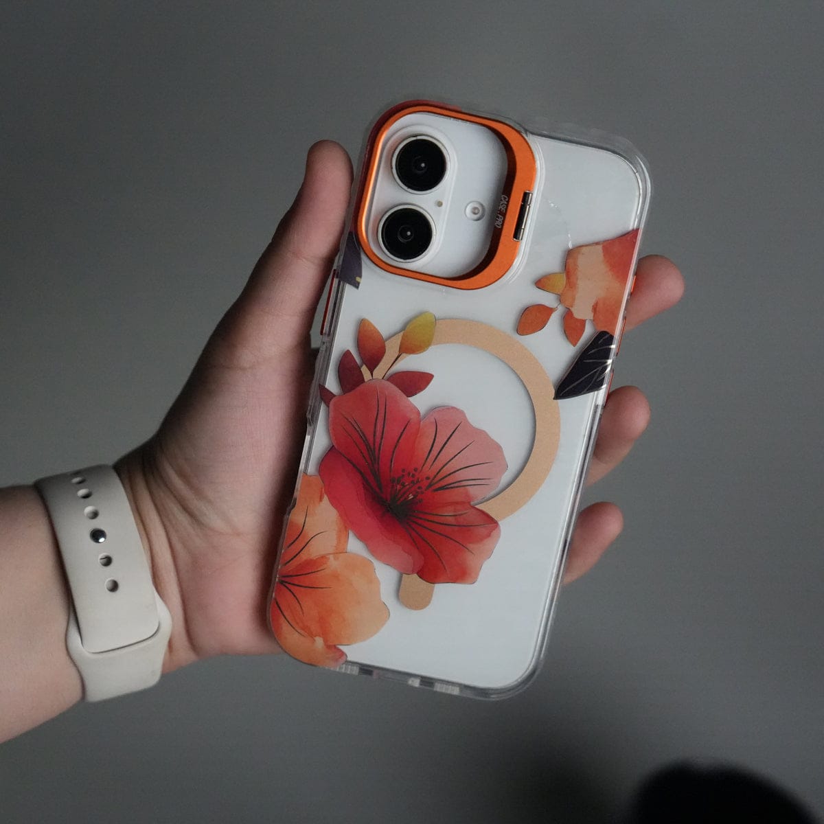 iPhone 16 FloraCrystal Clear Floral Design Case with Color Metal Camera Stand Frame