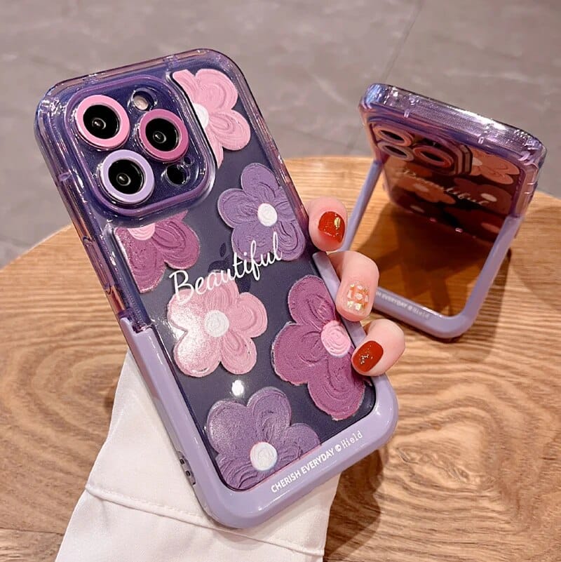 iPhone 15 Series Beautiful Purple Glossy Floral With Kickstand Case Cover