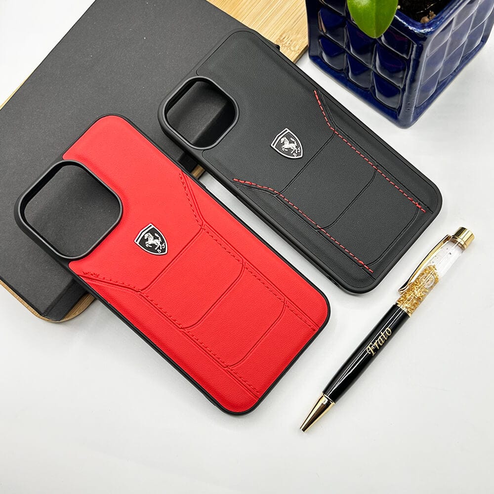 Ferrari Sports Car Logo Side Stitch Leather iPhone Cover Red