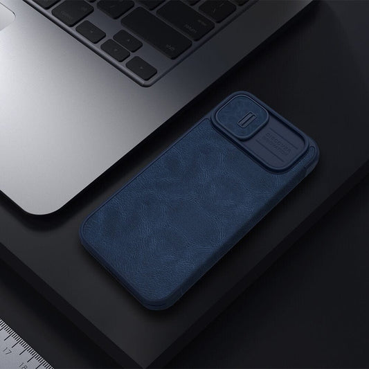 iPhone 14 Plus Camera Protection QIN Leather Flip Case Blue