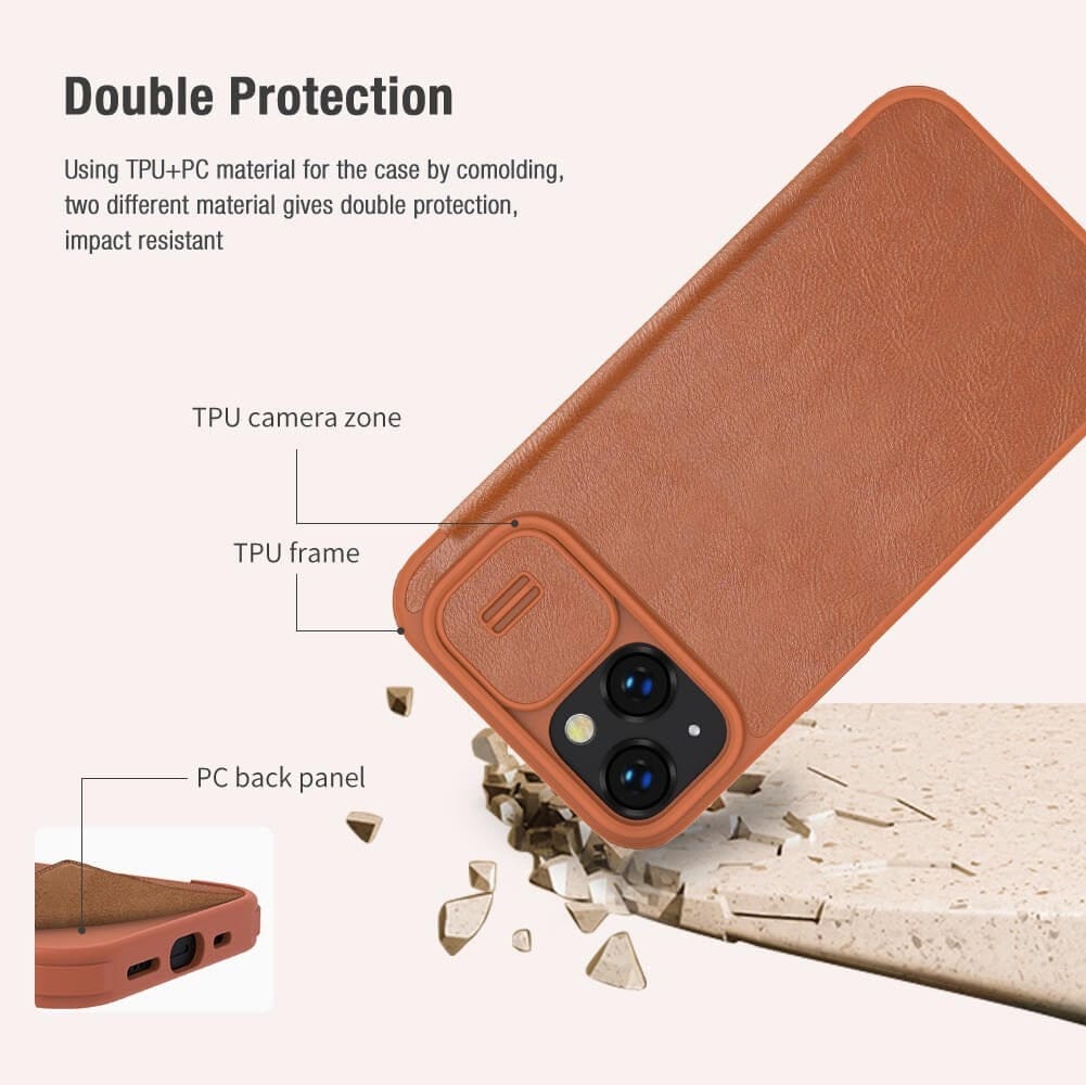 iPhone 14 Plus Camera Protection QIN Leather Flip Case Brown