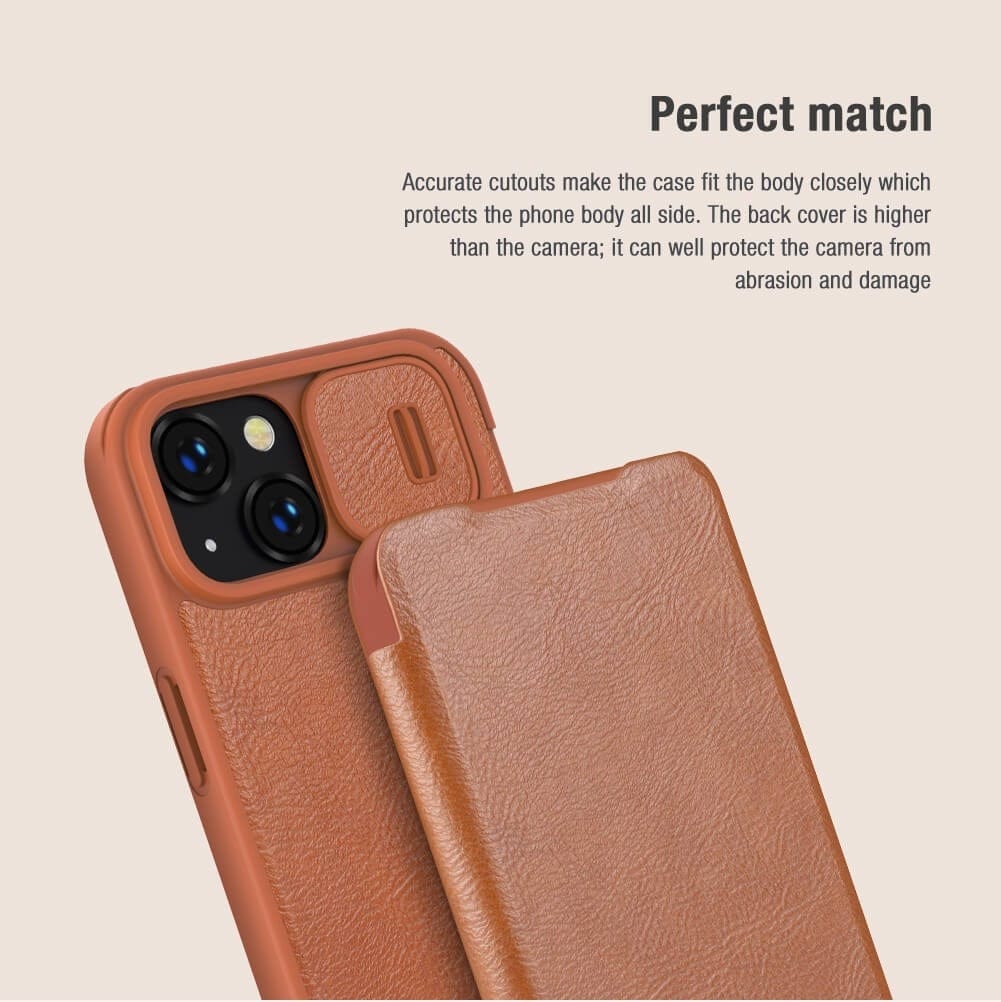 iPhone 14 Plus Camera Protection QIN Leather Flip Case Brown