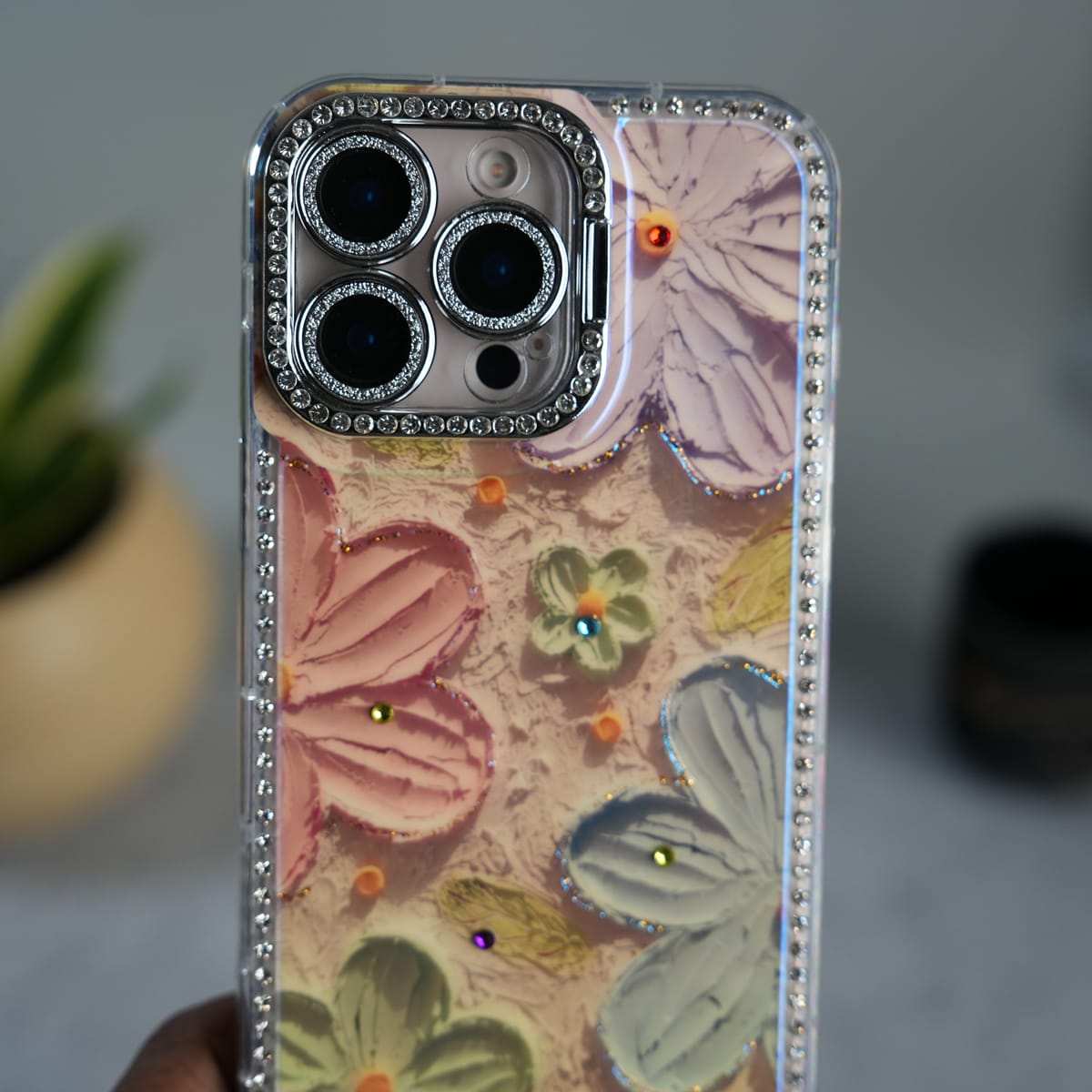 iPhone Luxury 3D Oil Painting Floral Design Glitter Lens Protection Stand Cover | Orange
