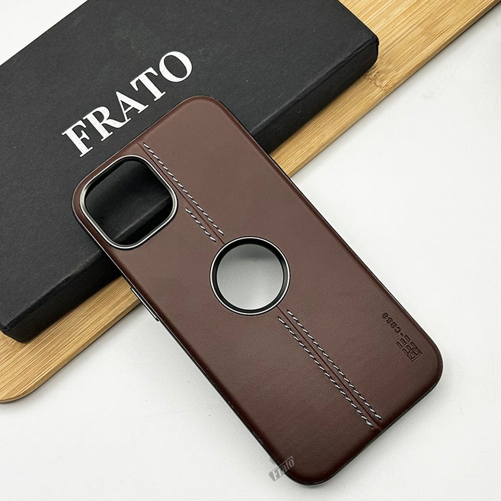 iPhone 14 Pro Max PU Smooth Leather Case With Metal Frame Camera Protection Logo cut Cover(Brown)