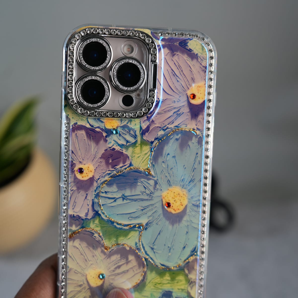iPhone Luxury 3D Oil Painting Floral Design Glitter Lens Protection Stand Cover | Green