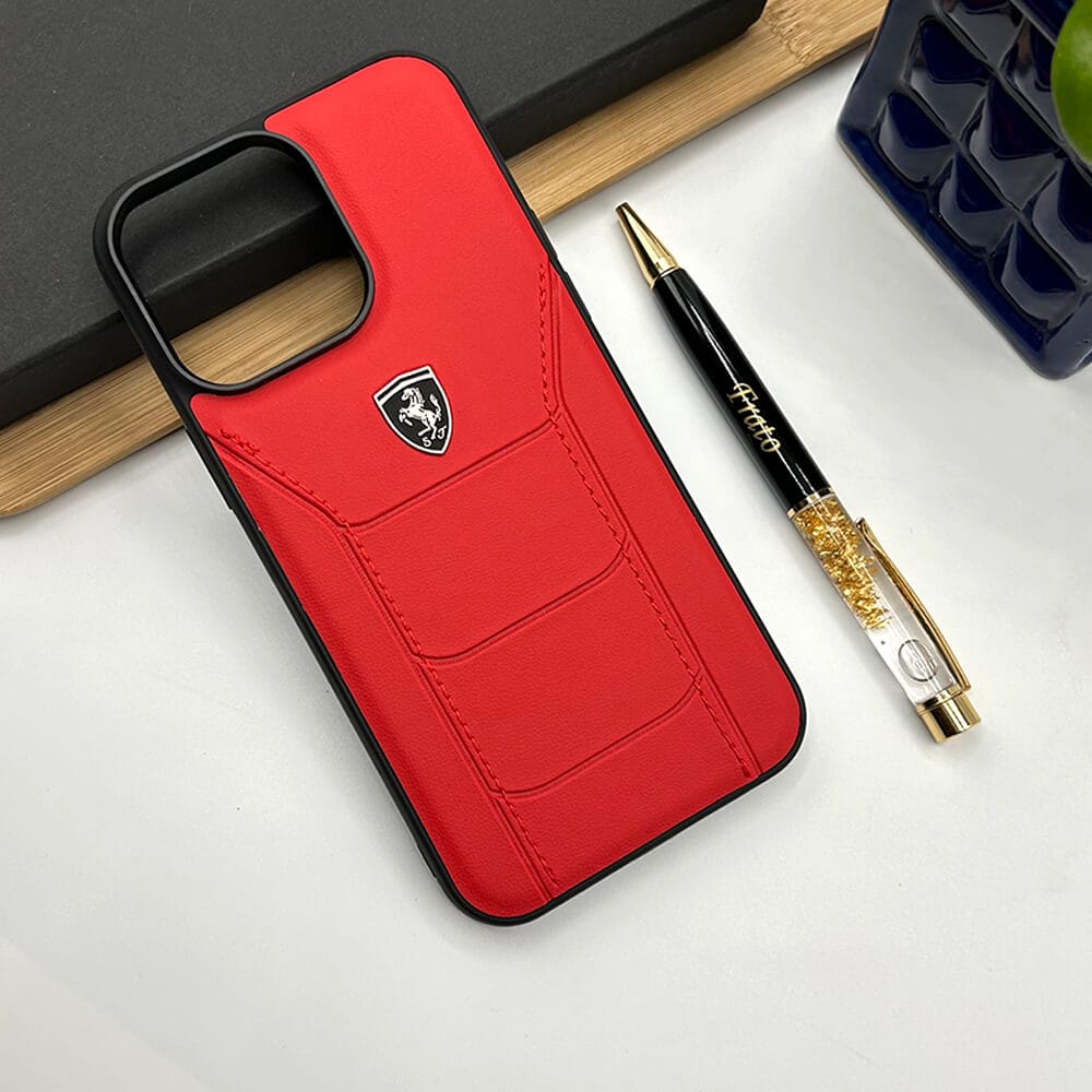 iPhone 16 Series Ferrari Sports Car Logo Side Stitch Leather Cover Red